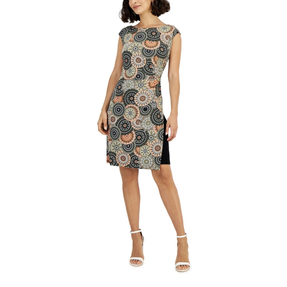 Connected Apparel Size 6 Petite Printed Boat-neck faux wrap dress